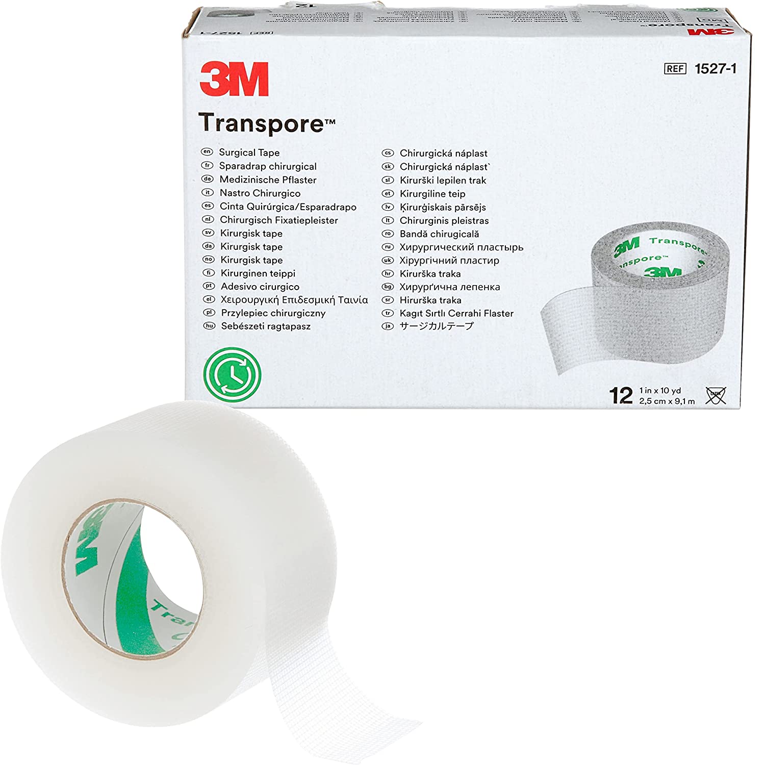 Transpore 1527-1, Surgical Tape, 1 inch x 10 yard (2,5cm x 9,1m), 12 rolls/box