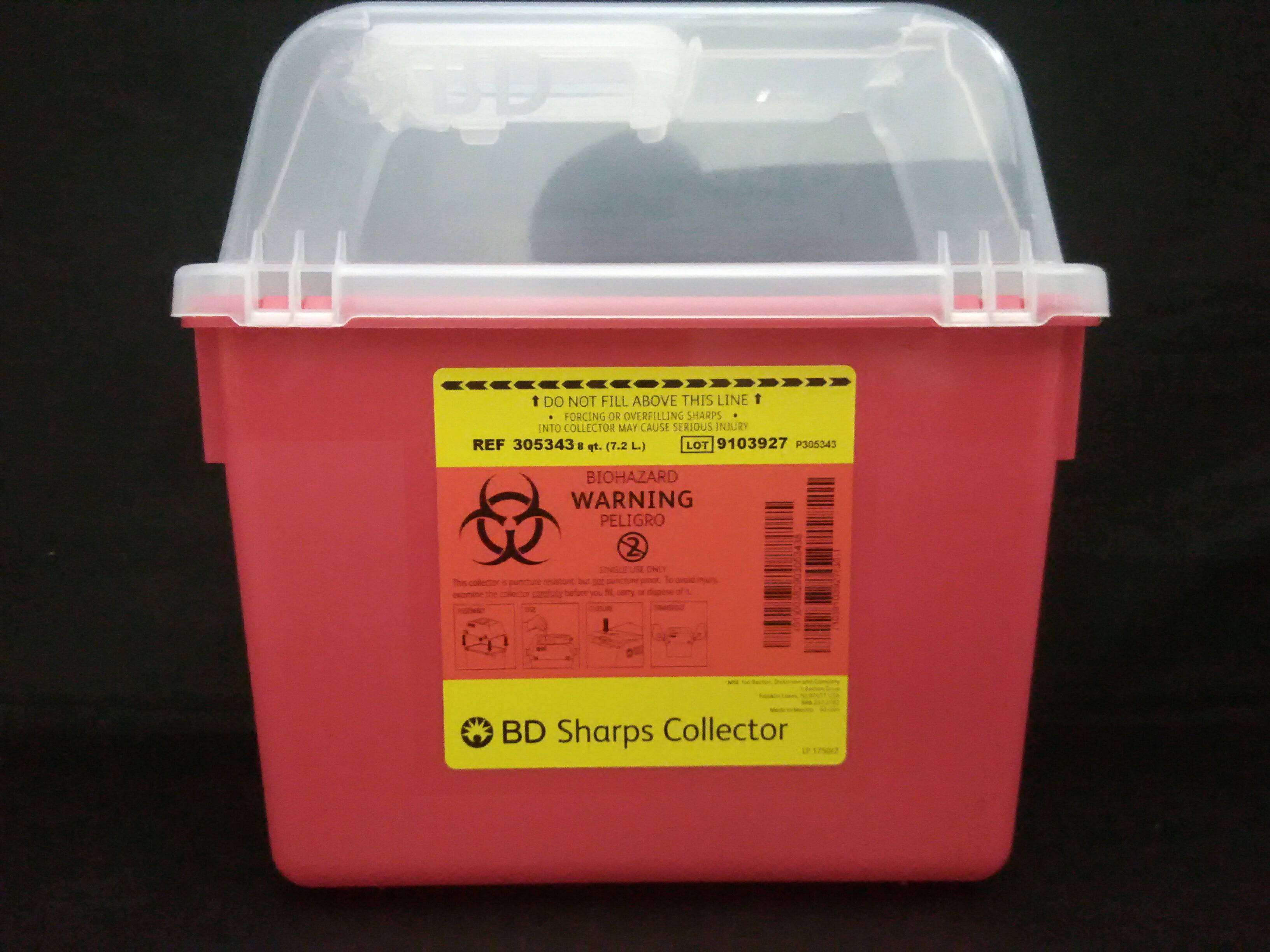 BECTON DICKINSON 305343 SHARPS COLL 8QT RED 24/CS, CLEAR TOP STA