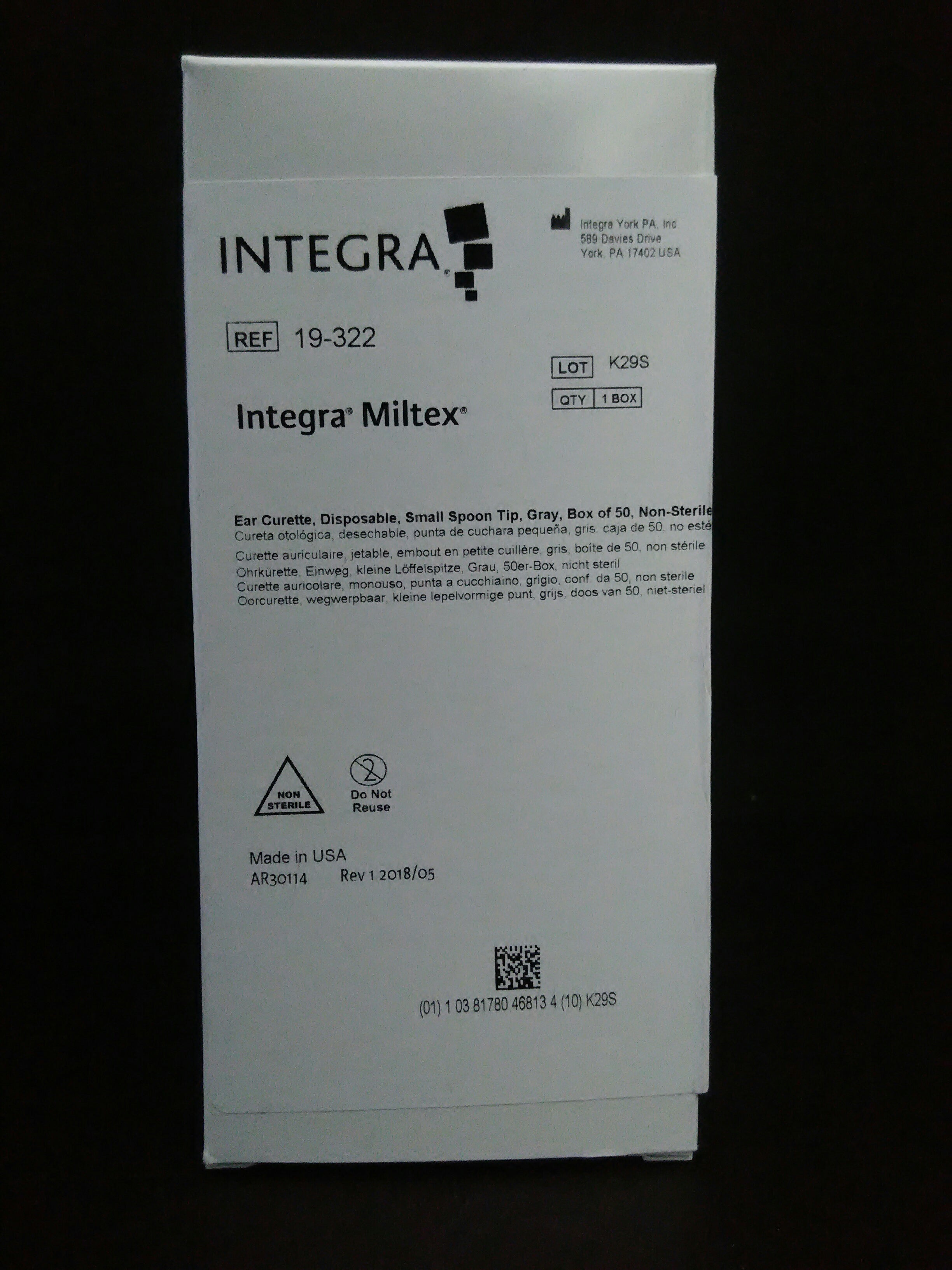 INTEGRA/ MILTEX 19-322 Disposable Ear Curette/sm spoon tip quantity 50 to a dispenser box
