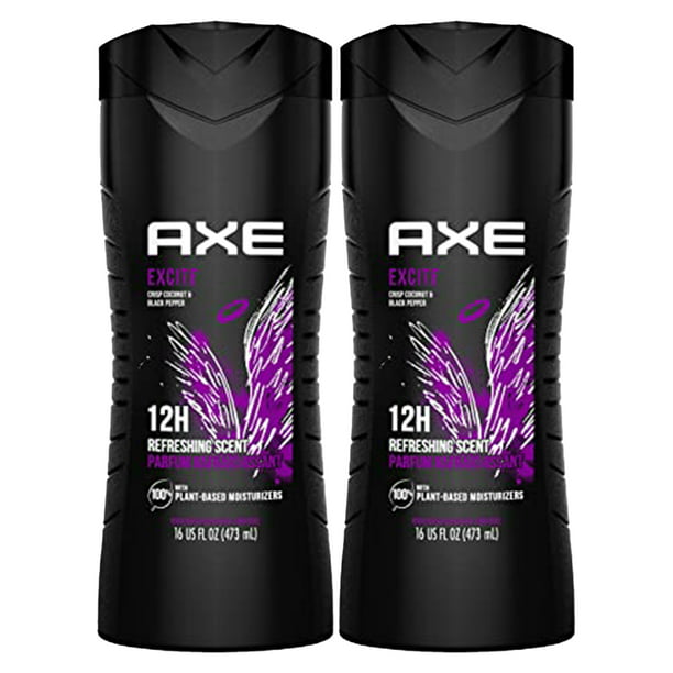 (2 Pack) AXE Body Wash 12h Refreshing Scent Excite Crisp Coconut And Black Pepper with 100% Plant-Based Moisturizers 16 oz
