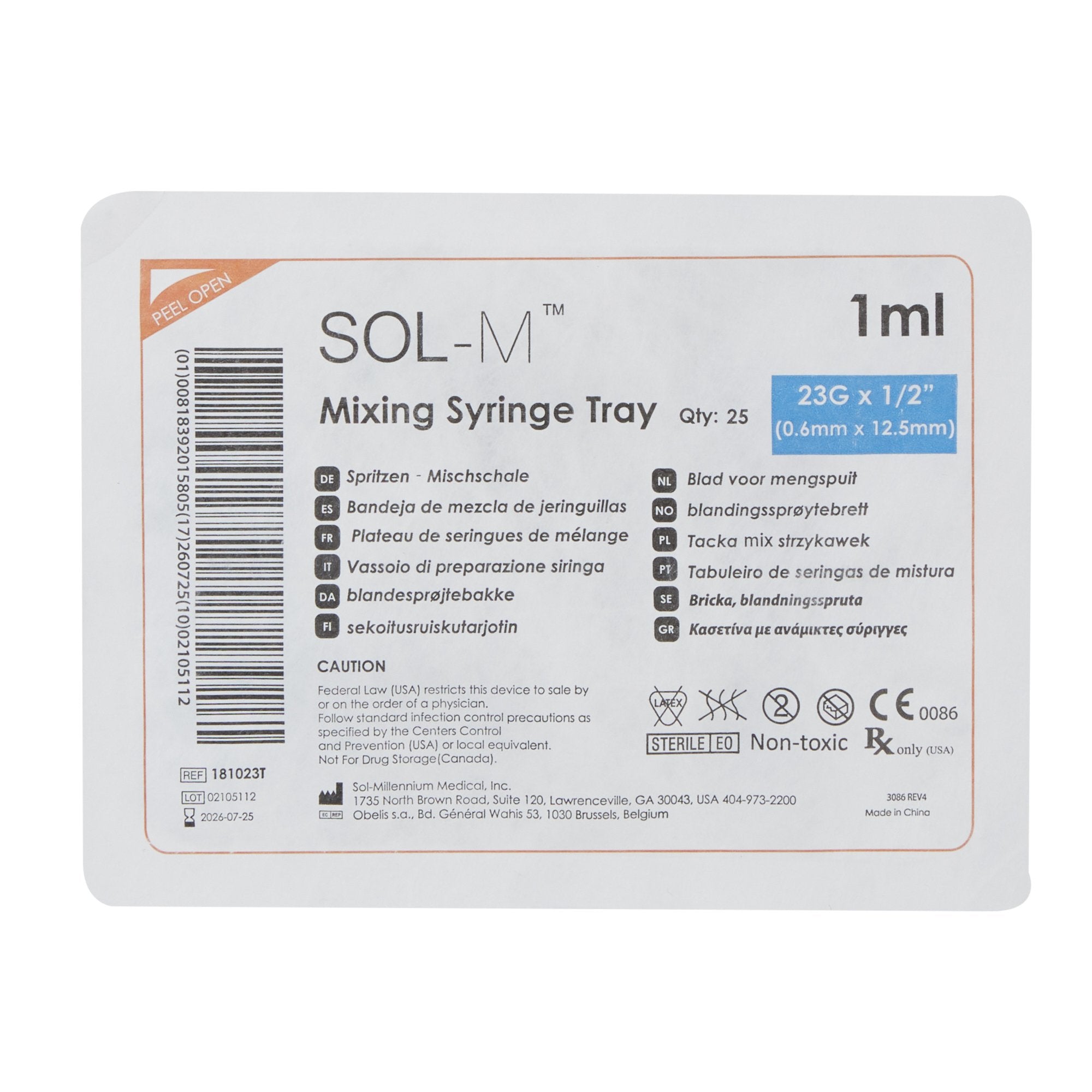 Sol-Millennium Medical 181023T Allergy Tray Sol-M™ 1 mL 23 Gauge 1/2 Inch Regular Wall NonSafety 25/bx